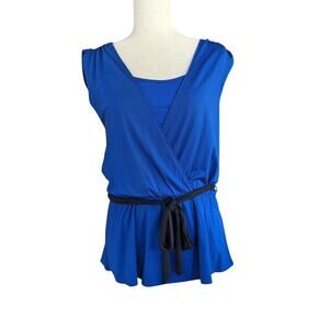 Banana Republic Blue/Black Sleeveless Crossover Belted Peplum Top Womens Medium